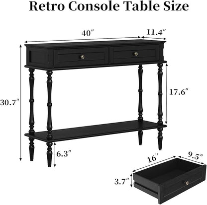 ARTPOWER Console Table for Entryway with 2 Drawers-Minimal Assembly,Retro Entryway Tables with Storage Cabinets and Open Shelf,Narrow Long Couch Table Behind Sofa for Living Room,Foyer,Hallway,Black
