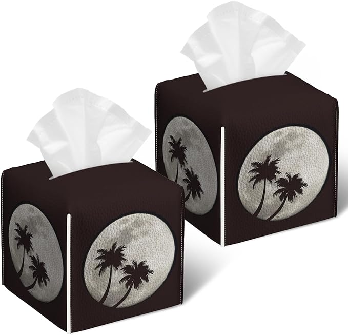 Full Moon Tissue Box Cover 2PCS, Palm Tree Leather Tissue Box Holder Square Facial Paper Case Tissue Box Cube Organizer for Bathroom Bedroom Desk Office