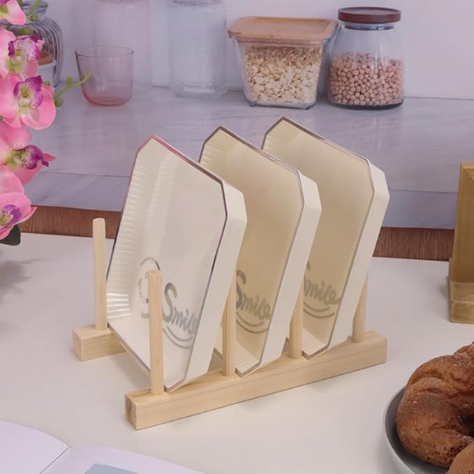 2 Pack Bamboo Dish Rack for Kitchen Cabinet and Countertop, Plate Organizer for Cabinet, Bowls, Cups, Utensils, Pot Lids and Bottles, Cutting Board Holder Stand and Storage.