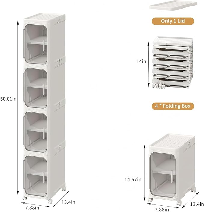 4-Tier Tall Narrow Storage Cabinet, Slim Bathroom Storage Cabinet with Adjustable Shelves and Wheels, Narrow Organizer for Small Space, Bathroom, Kitchen, Laundry, White