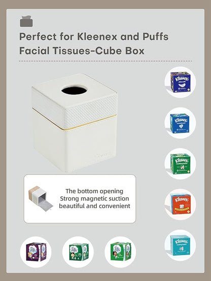 Cloudever Tissue Box Holder Cover Square, Modern PU Leather Decorative Tissue Cube Holder Organizer-Woven White