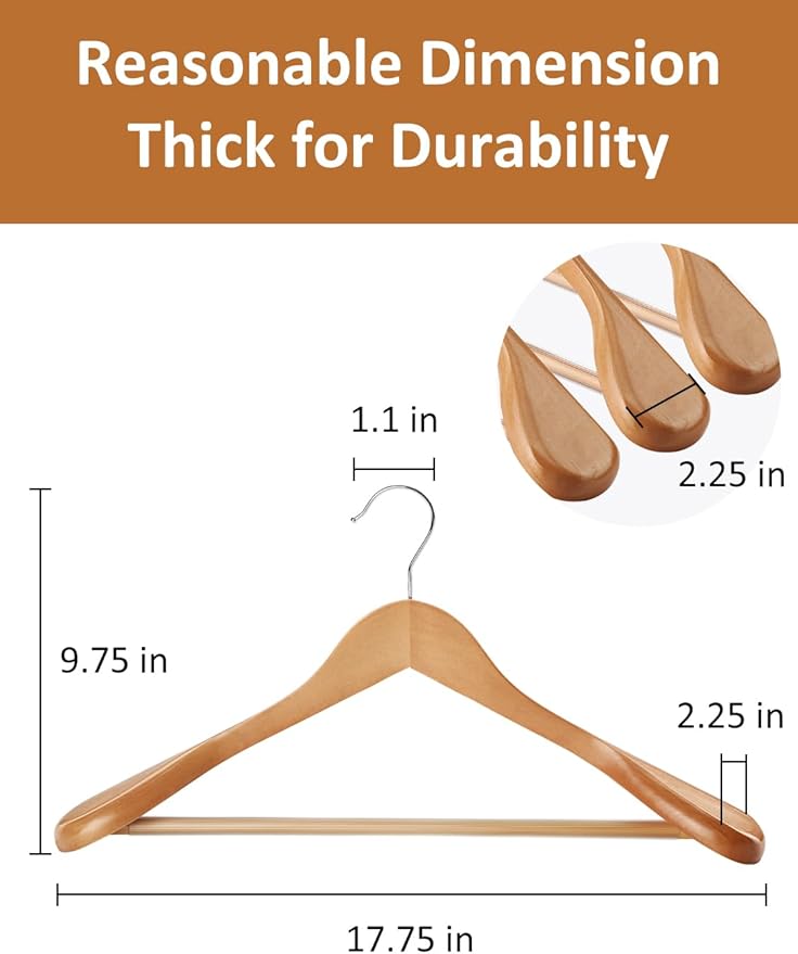 AMKUFO Wide Shoulder Wooden Hangers 8 Pack Coat Hanger with Non Slip Pants Bar, Heavy Duty Suit Hanger Wood Clothes Hangers with Smooth Finish 360° Swivel Hook for Sweater Jackets Shirts Natural