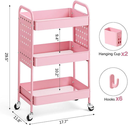 KINGRACK 3 Tier Rolling Cart with DIY Hanging Board, Metal Rolling Utility Cart with Wheels Handles Baskets Hooks, Rolling Storage Cart Suitable for Bathroom, Kitchen, Office, Nursery Diaper (Pink)