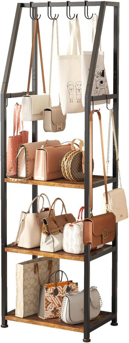 3-Tier Purse Rack Stand with 8 Hooks - Tall Narrow Purse Organizer for Entryway/Closet Organization, Bag Organizer for Various Bags (Rustic Brown)