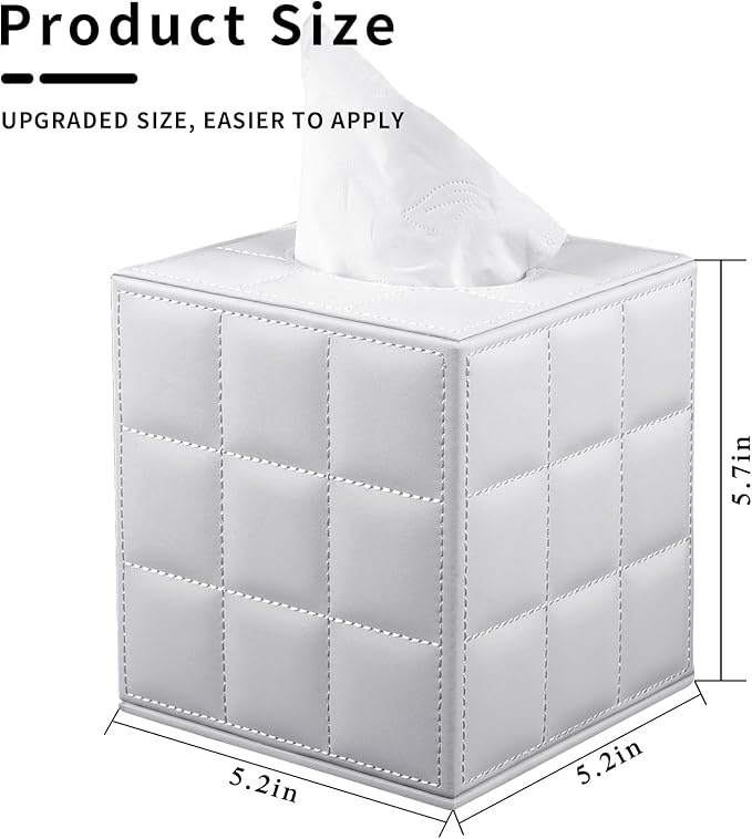 Tissue Box Cover Square,Stylish PU Leather Tissue Box Holder for Dresser Bathroom,Facial Tissue Holder with Magnetic Bottom for Home Office (White)