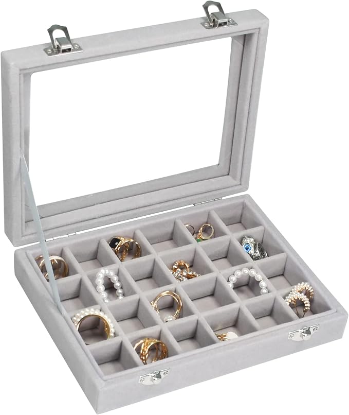 Vicoter Velvet Jewelry Box 24 Grid Jewelry Ring Display Organiser Box Tray Holder Earrings Storage Case for Girls Wife Mom Women (Gray)