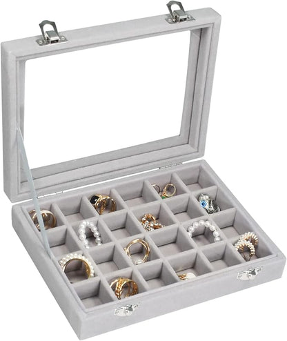 Vicoter Velvet Jewelry Box 24 Grid Jewelry Ring Display Organiser Box Tray Holder Earrings Storage Case for Girls Wife Mom Women (Gray)