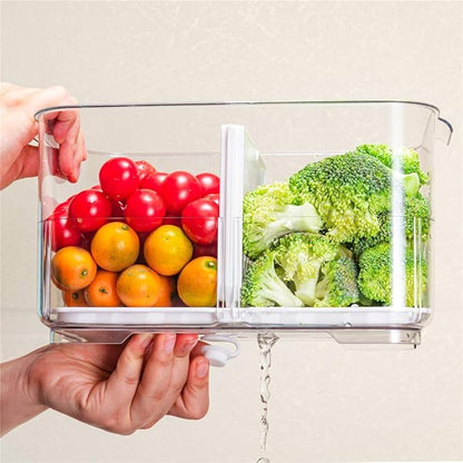 Slideep 9'' Food Storage Containers, 2 Tier Stackable Fridge Produce Saver with Lids, Removable Drain Tray Drawers Refrigerator Produce Keeper with Strainer for Veggie, Berry, Fruits, Vegetables