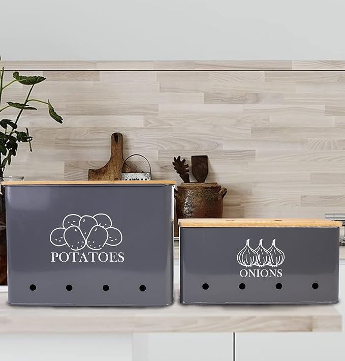 Potato and Onion Storage Bin Set of 2, Vented Metal Vegetable Storage with Wooden Lids, Farmhouse Kitchen Canisters for Countertop Pantry Organizer, Potato Bin Onion Holder for Produce Storage, Grey