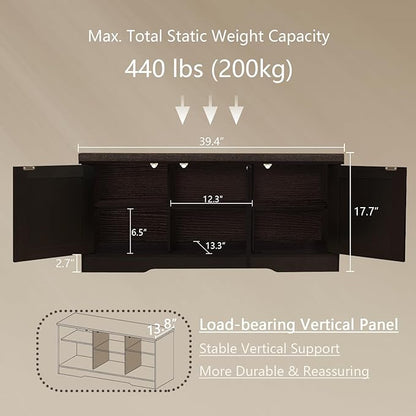DINZI LVJ Shoe Bench, Entryway Storage Bench with Doors, Cushion, 2-Tier Shoe Rack with 6-Cubby, 39.4”L x 13.8”W Shoe Organizer Cabinet, Adjustable Shelf, Living Room, Bedroom, Espresso