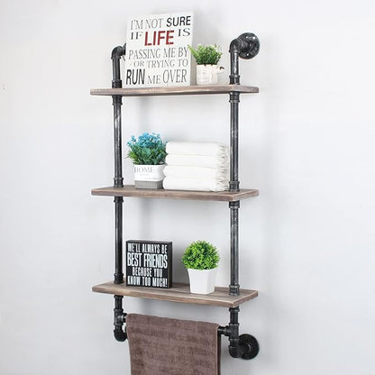 Industrial Pipe Shelf Bathroom Shelves Wall Mounted,19.6in Rustic Wood Shelf with Towel Bar,3 Tier Farmhouse Towel Rack Over Toilet,Pipe Shelving Floating Shelves Towel Holder,Retro Grey