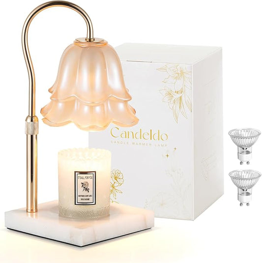 Candeldo Candle Warmer Lamp with Timer: Flower Candle Warming Lamp with Marble Base Height Adjustable Wax Warmer Dimmable Modern Kitchen Bathroom Decor Mom Birthday Gift for Grandma