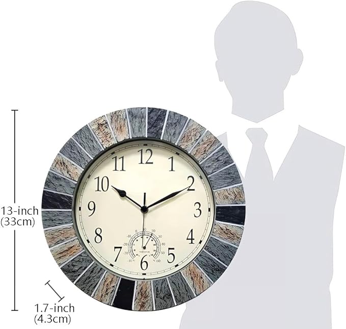 UMEXUS Outdoor Clock with Thermometer, 13 Inch Retro Large Waterproof Wall Clocks Indoor Silent Non-Ticking Battery Operated Weatherproof Decor for Garden Kitchen Bathroom Mother Gift