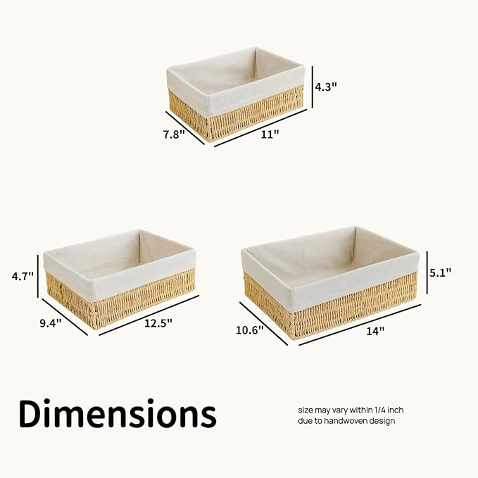 Woven Storage Baskets Set of 3 – Handmade Paper Rope Rectangular Organizer for Closet, Bathroom, Shelf & Living Room, Decorative Khaki Storage Bins for Home
