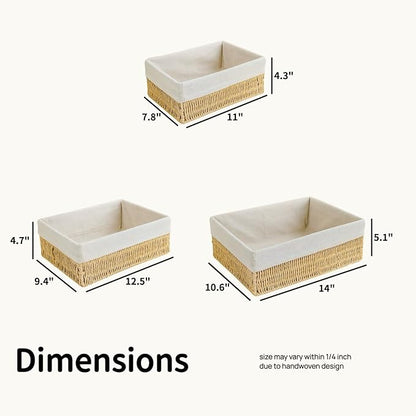 Woven Storage Baskets Set of 3 – Handmade Paper Rope Rectangular Organizer for Closet, Bathroom, Shelf & Living Room, Decorative Khaki Storage Bins for Home