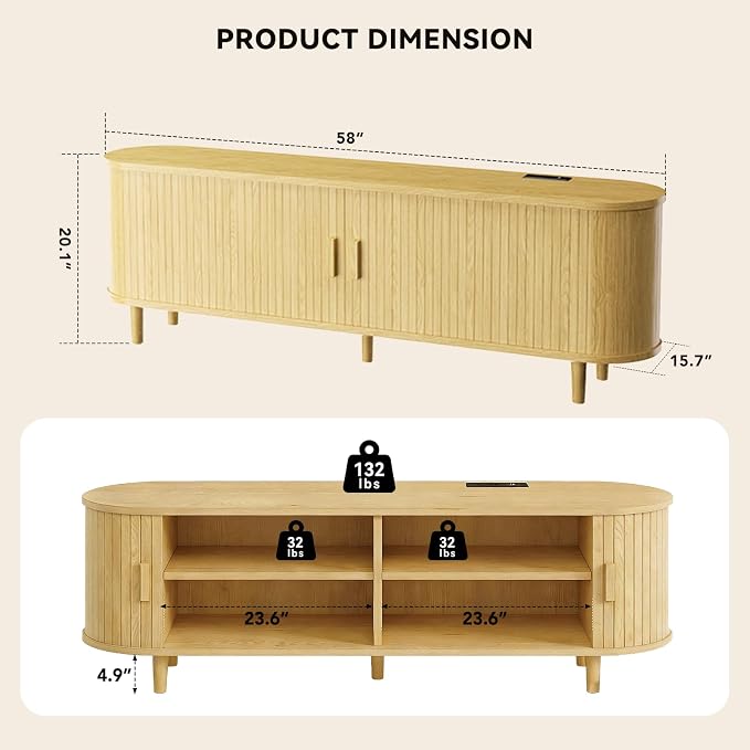 58" Mid Century Modern TV Stand with Power Outlet, Fluted Entertainment Center with Storage and Adjustable Shelves, Wood TV Console with Sliding Doors for Living Room, Oak