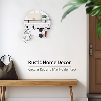 Nekon Rustic Wall Mount Key Organizer, 11.8 Inch Rack with Shelf and 6 Hooks, Circular Wooden Key Hanger for Entryway Hallway Kitchen (White)