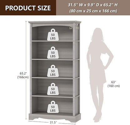 TVU 5-Tier Wooden Bookshelf, 65 Inch Tall Bookshelf with Storage, Floor Standing Modern Style Display Bookcase for Living Room, Office, Study Room, Entryway, Grey