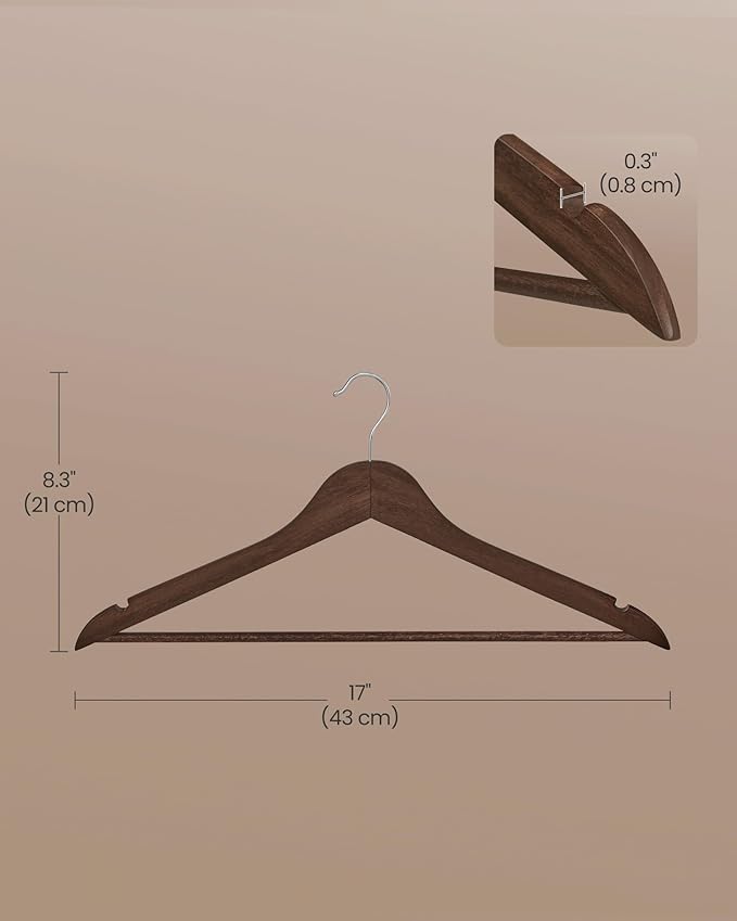 SONGMICS Wooden Hangers, Pack of 30, Coat Hangers, Pants Bar, 360° Swivel Hooks, Solid Birch Wood, Space Saving, for Jackets, Shirts, Coats, Walnut Brown UCRW030K02