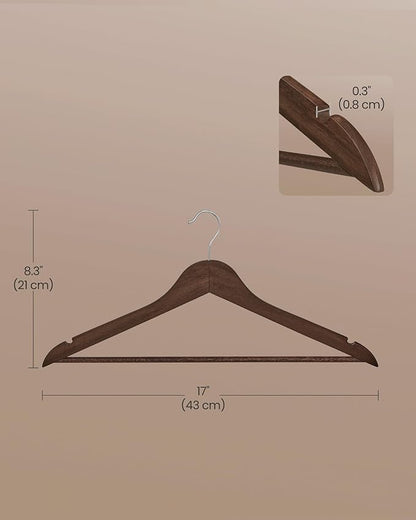 SONGMICS Wooden Hangers, Pack of 30, Coat Hangers, Pants Bar, 360° Swivel Hooks, Solid Birch Wood, Space Saving, for Jackets, Shirts, Coats, Walnut Brown UCRW030K02