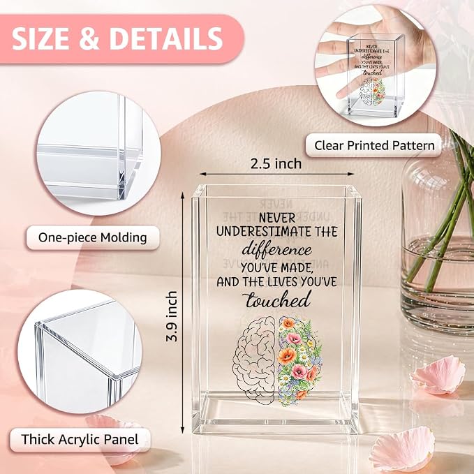 Never Underestimate The Difference You’ve Made Acrylic Pencil Holder Cup, Floral Appreciation Gifts for Mental Health Counselor Psychologist Social Worker, Therapist Office Desk Accessories