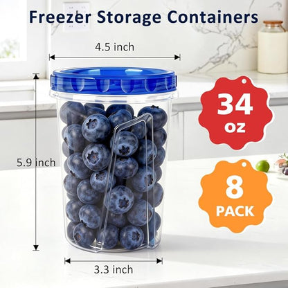 8 Pack 34oz Reusable Freezer Storage Containers with Twist Top Lids Airtight, Clear Plastic Soup Freezer Containers, Quart Food Storage Containers with Lids for Fruit Meal Prep Leftover Lunch Salad