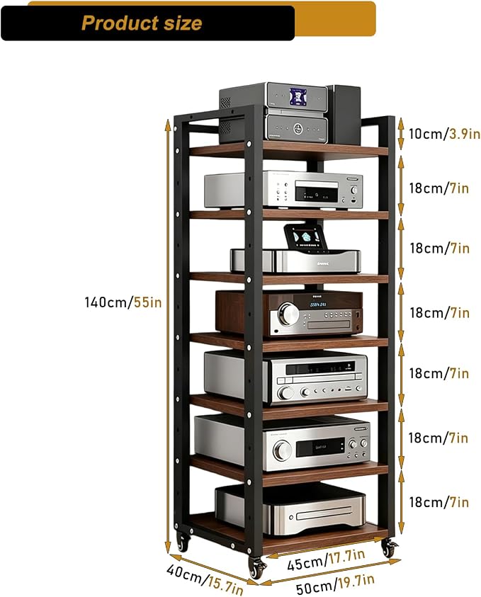 7 Tier AV Media Stand, 55in Audio Rack Tower Stereo Component Cabinet, Home CD Record Player Receiver Audio Equipment Rack with Adjustable Wood Shelves, Load 400lbs (Walnut Brown)