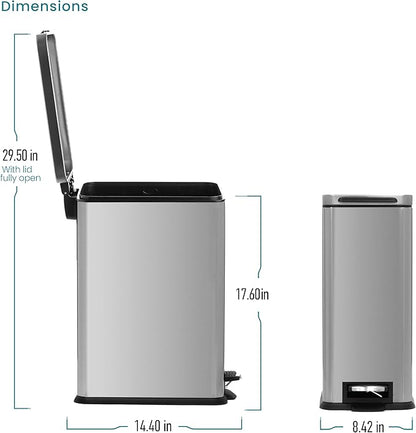 Home Zone Living 4 Gallon Stainless Steel Slim Kitchen Trash Can | Stainless Steel with Soft-Close Step Pedal Lid, Bag Tuck Band for Easier Bag Changes, Rectangular Shape, Silver