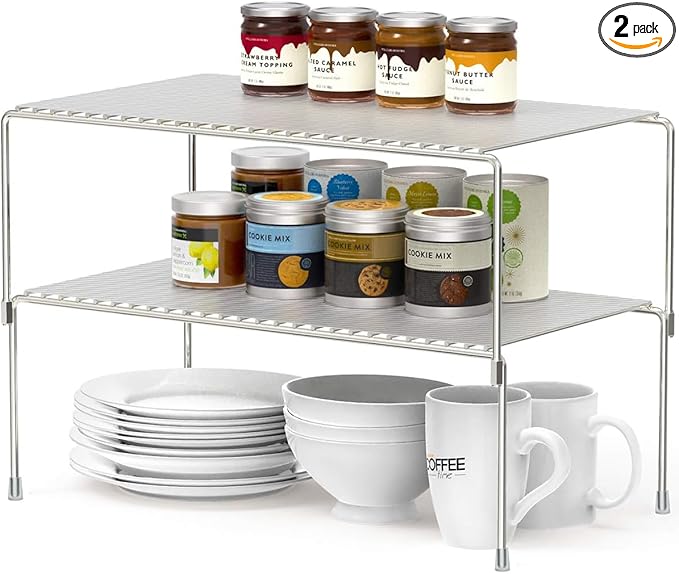 Set of 2 Kitchen Cabinet Organizer Shelves, Stackable Organizer and Storage for Cabinet Cupboard, Expandable Shelf Risers Plate Rack with Anti-slip Plastic Liner