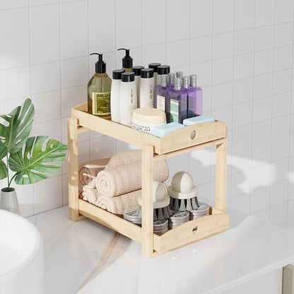 Bamboo Wood Under Sink Organizer 1 Pack, Pull Out Cabinet Organizer 2 Tier Under Sink Organizers and Storage with Sliding Drawer Sturdy Easy Assembly for Kitchen Bathroom Undersink (Nature, 2 Packs)