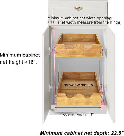 DINDON 2 Tier Pull Out Cabinet Organizer (11" W x 21" D) Double Tier Slide Out Wood Drawer Under Cabinet Storage And Organization
