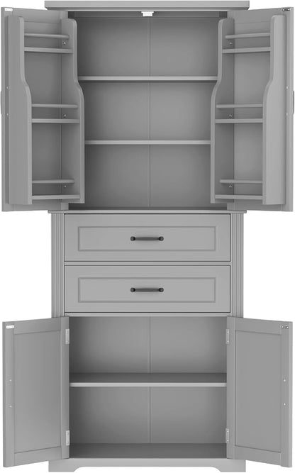 Storage Cabinet,Tall Freestanding Cabinet with Adjustable Shelf | Tall storage cabinet, 4-door design, 5+ shelves, upper door shelves, and 2 pull-out compartments for organized storage
