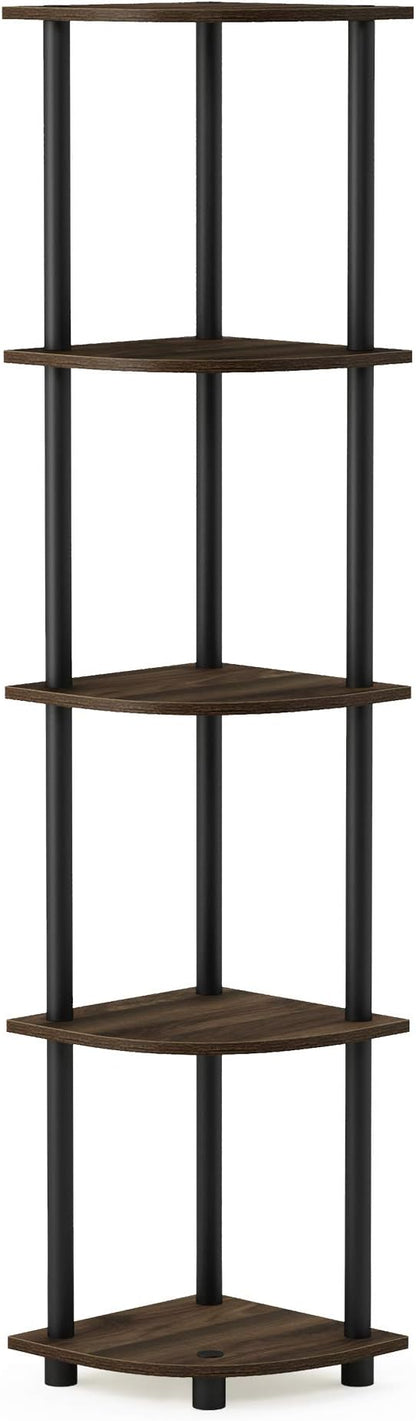 Furinno TURN-N-TUBE Corner Shelf, 5-Tier Corner Bookshelf, Open Storage Shelves, for Organization and Storage, Living Room, Home Office, Garage, Bedroom, Columbia Walnut