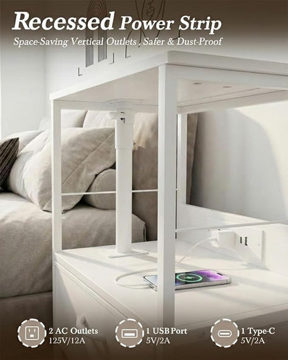 Faesun Swivel Lift Top Nightstand with Charging Station, Rolling Side Table for Recliner, Bedside Table with Wheels & 2 Fabric Drawers, for Small Spaces, for Bedroom, Living Room, White