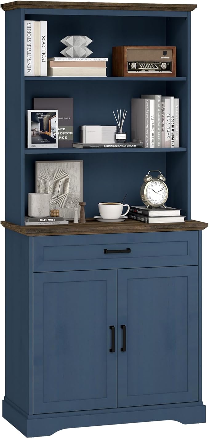 blini Tall Bookshelf with Drawers, 5-Shelf Blue Bookcase, 15" Multi Depth Storage Cabinet with Adjustable Shelves, Large Bookcases for Home Office, Living Room & Bedroom