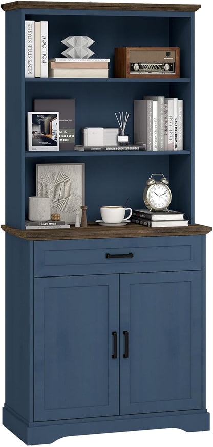 blini Tall Bookshelf with Drawers, 5-Shelf Blue Bookcase, 15" Multi Depth Storage Cabinet with Adjustable Shelves, Large Bookcases for Home Office, Living Room & Bedroom