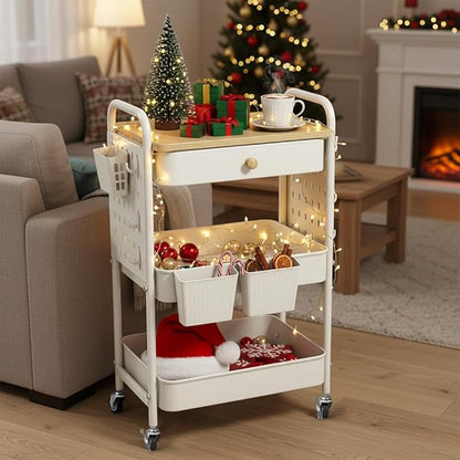 danpinera Rolling Utility Cart with Drawer, 3 Tier Rolling Cart with Wheels, Hooks & Hanging Cups, Craft Cart Art Cart Snack Cart Rolling Storage Cart with Wooden Table Top & DIY Pegboards, White