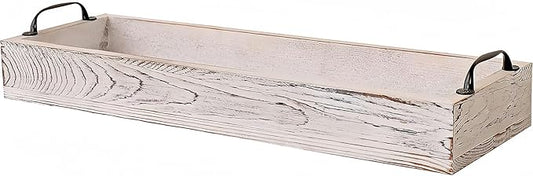 Rustic Wooden Serving Trays Rectangular with Handle,Ottoman Tray for Living Room 16 Inch Long for Serving Wine(whitewashed)