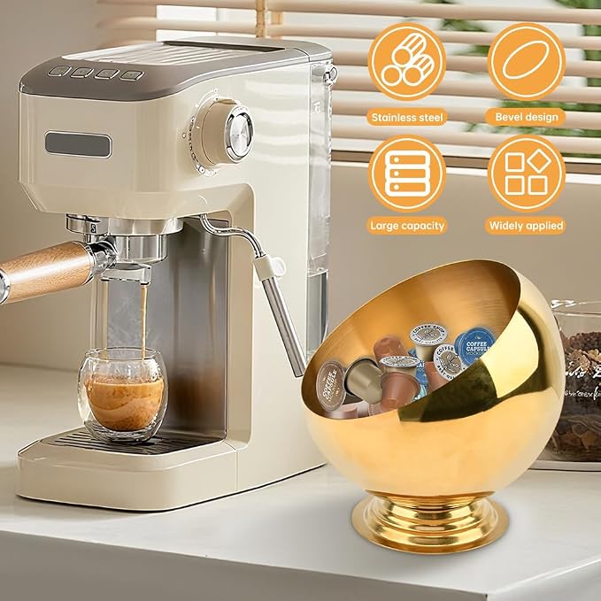 Coffee Pod Holder, Large Capacity Stainless Steel K Cups Holder Organizer Bowl Coffee Capsule Creamer Container Basket, Espresso Pods Storage for Bar Station, Counter (Gold)