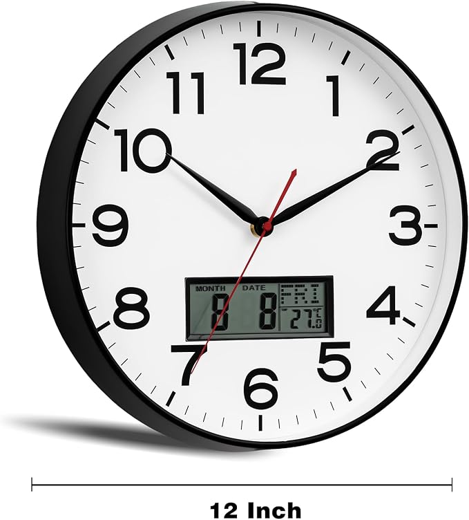 AKCISOT Wall Clock 12 Inch, Non-Ticking Silent Battery Operated Analog with LCD Display for Perpetual Calendar and Temperature, Ideal Modern Decor for Home, Bedroom, Kitchen, Office (Black)