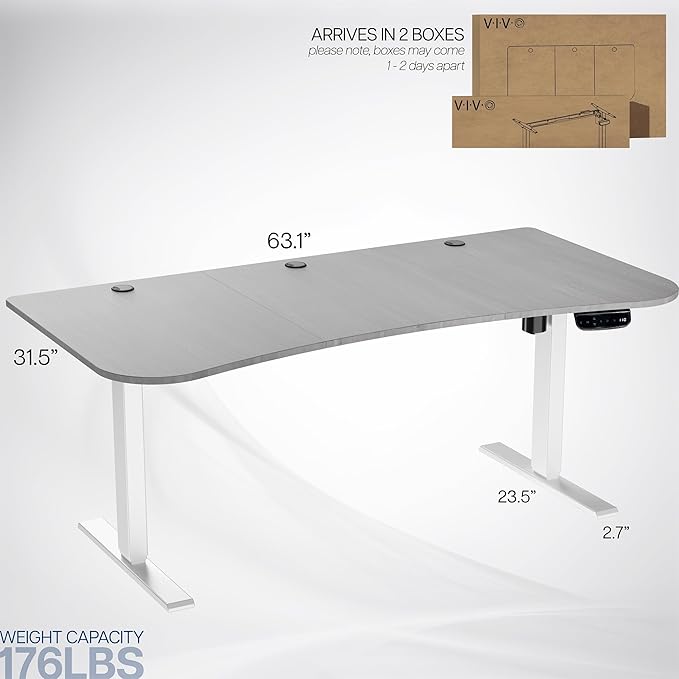 VIVO Electric 63 x 32 in Standing Desk, Memory Height Adjustment, 176 lb Frame Support, 2E Series, Dark Gray Top White Frame, DESK-KIT-2EWG