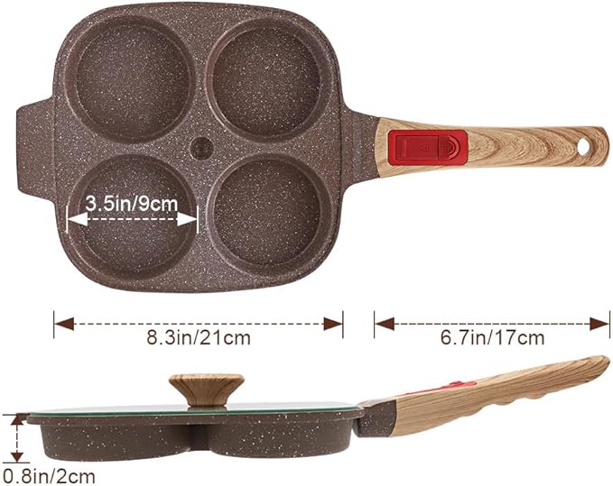 Ceramic Egg Frying Pan with Lid, Nonstick 4 Cup Fried Egg Pan with Detachable Handle, Omelette Pan Induction Compatible - Brown