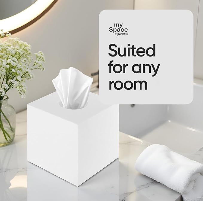 My Space Organizer - Premium Acrylic Tissue Cover | Fits Standard Square Tissue Box | White Cube Holder for Bathroom | 5.3" x 5.3" x 5.5"