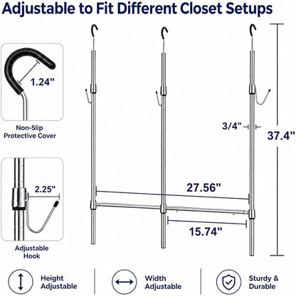 Adjustable Closet Rod Extender with Hooks, Expandable Double Hanging Organizer for Closets, Kids' Wardrobe & Laundry Room, No Tool Assembly, Metal Tension Pole, Chrome Finish