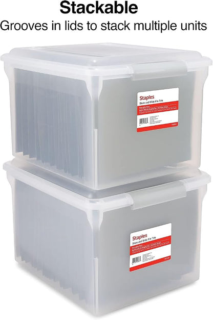 TRU RED Staples Store & Slide Hanging File Box, Latch Lid, Letter/Legal Size, Clear
