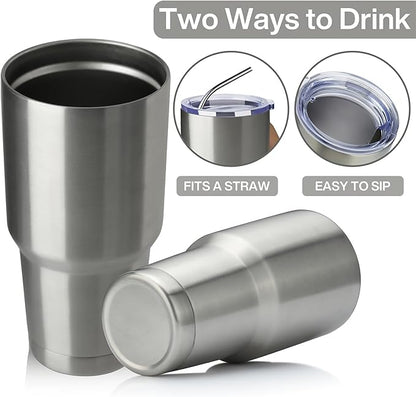 MEWAY 30oz Insulated Tumbler With Lids and Straws,Stainless Steel Double Vacuum Coffee Tumbler Cup, Brush, Durable Powder Coated Coffee Cup for Cold & Hot Drinks, Office(Silver,4 PACK)