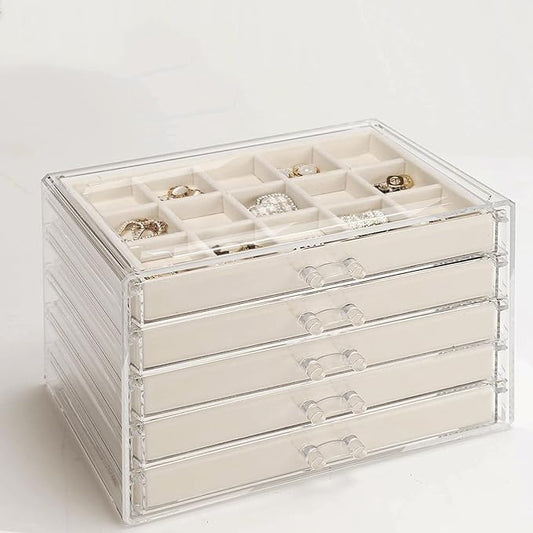 GUOER 5 Drawers Clear Jewelry Box for Women and Girls, Acrylic Earring Holder Organizer Ring Holder Display Storage, Mother's Day Warm White