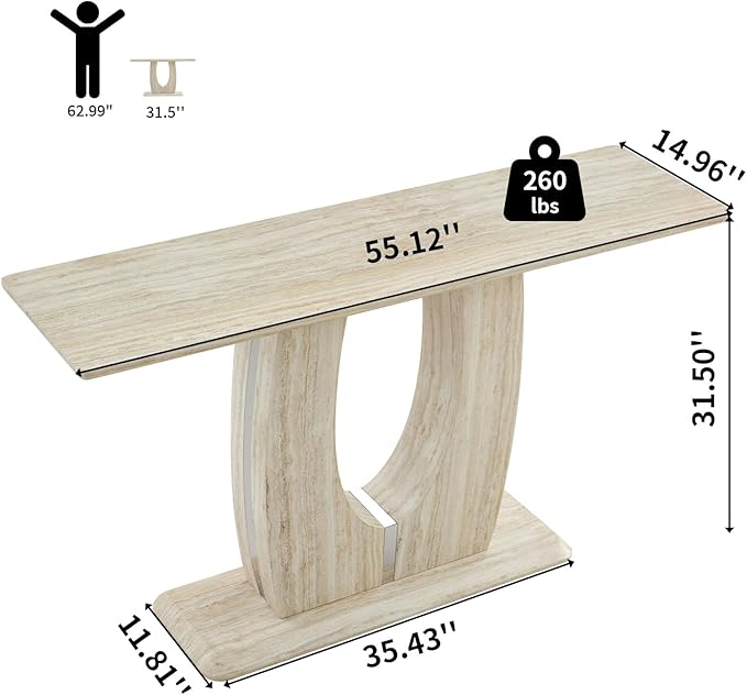 55" Console Table for Entryway, Narrow Sofa Entrance Table with Faux Mars Marble Pattern, Modern Sofa Tables with U-Shaped Base for Living Room, Hallway, Foyer, Home Office, Beige Dark