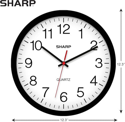 Sharp Wall Clock – Black, Silent Non Ticking 12 Inch Quality Quartz Battery Operated Round Easy to Read Home/Kitchen/Office/Classroom/School Clocks, Sweep Movement