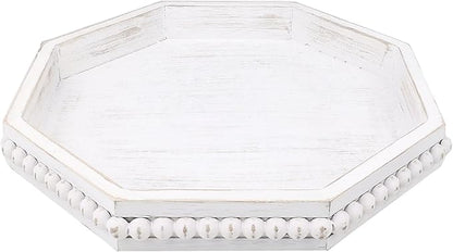 Hrastany Whitewashed Octagonal Wood Decorative Tray, Small Farmhouse Wooden Serving Tray with Beads, Versatile Shabby Chic Coffee Table Tray for Kitchen Counter, Ottoman, Living Room